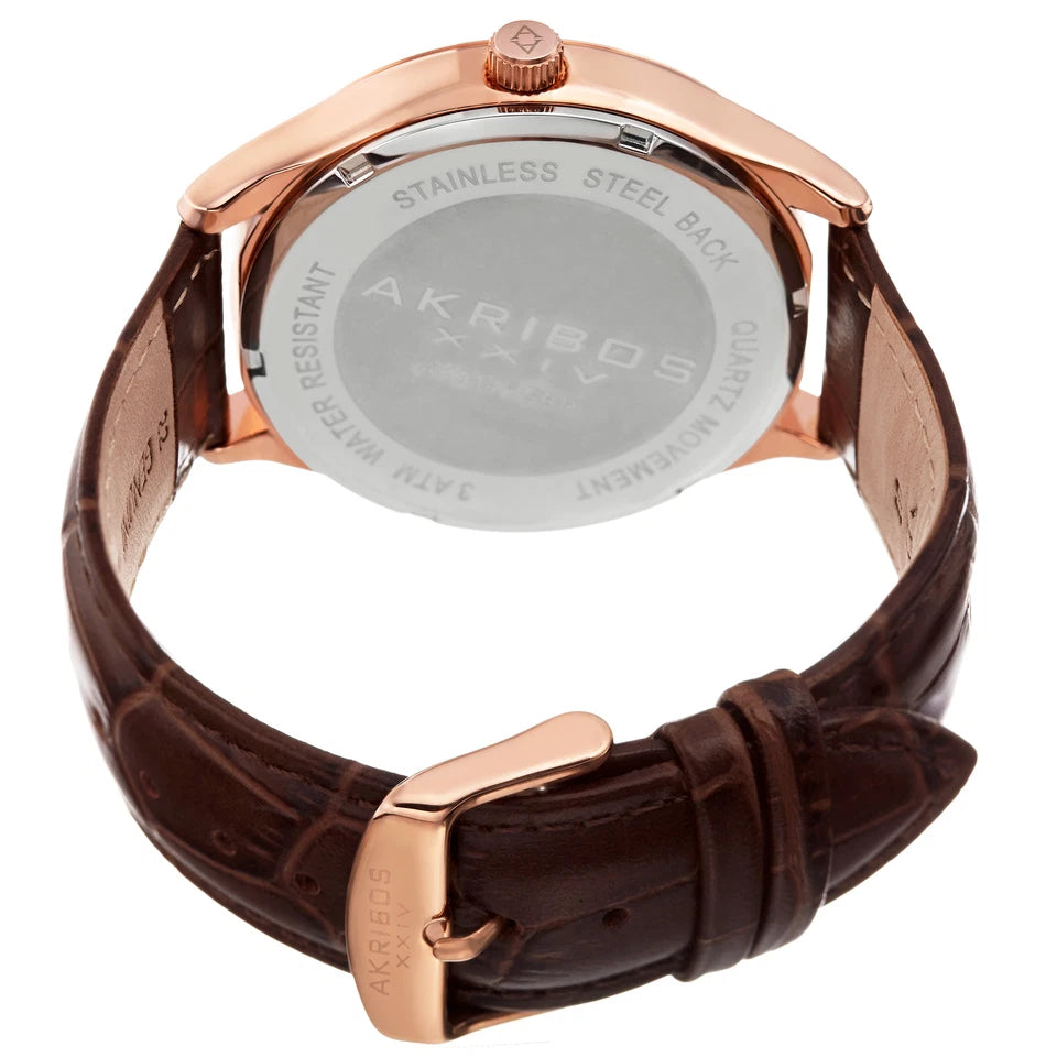 Akribos XXIV Rose Gold Tone Case on Brown Strap, Gold Dial with Rose Gold Tone Hands