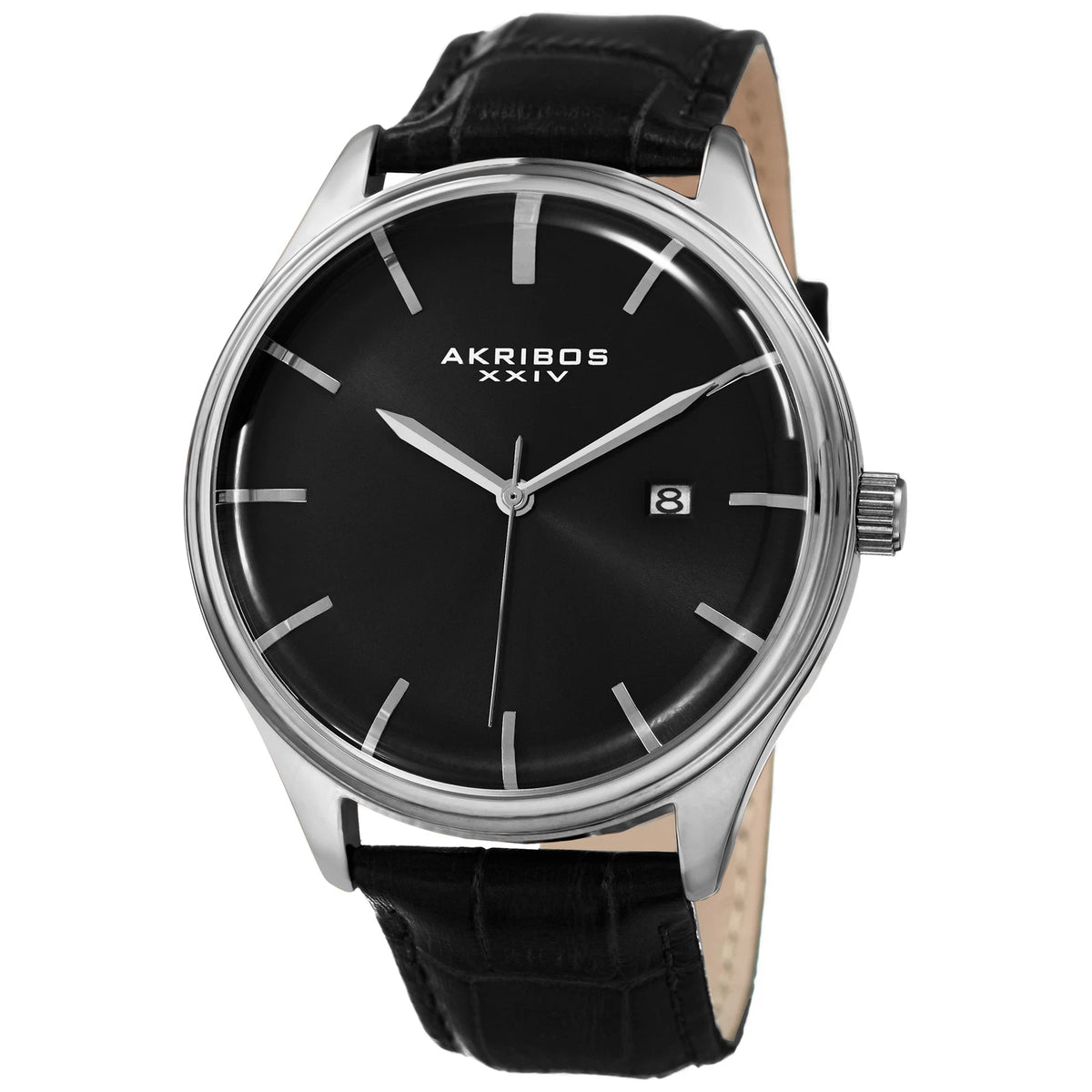 Akribos XXIV Silver Tone Case on Black Strap, Black Dial with Silver Tone Hands
