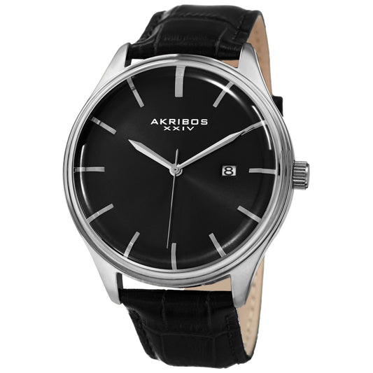 Akribos XXIV Silver Tone Case on Black Strap, Black Dial with Silver Tone Hands