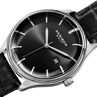 Akribos XXIV Silver Tone Case on Black Strap, Black Dial with Silver Tone Hands