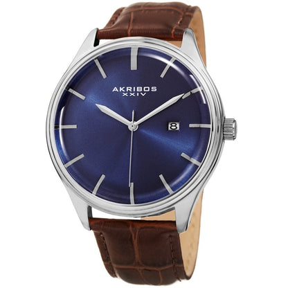 Akribos XXIV Silver Tone Case on Brown Strap, Blue Dial with Silver Tone Hands
