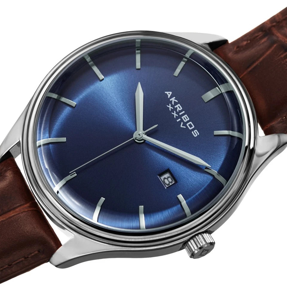 Akribos XXIV Silver Tone Case on Brown Strap, Blue Dial with Silver Tone Hands