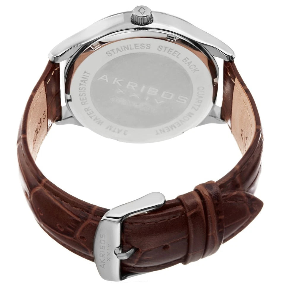 Akribos XXIV Silver Tone Case on Brown Strap, Blue Dial with Silver Tone Hands