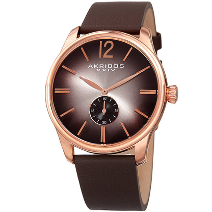Akribos XXIV Rose Gold Tone Case on Brown Strap, Black Dial with Rose Gold Tone Hands
