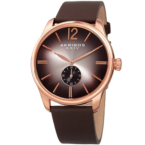 Akribos XXIV Rose Gold Tone Case on Brown Strap, Black Dial with Rose Gold Tone Hands