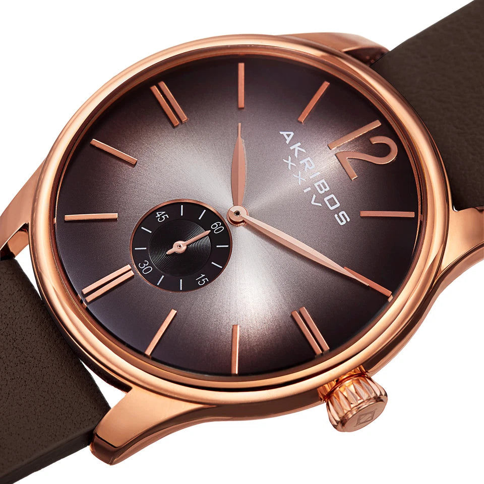 Akribos XXIV Rose Gold Tone Case on Brown Strap, Black Dial with Rose Gold Tone Hands