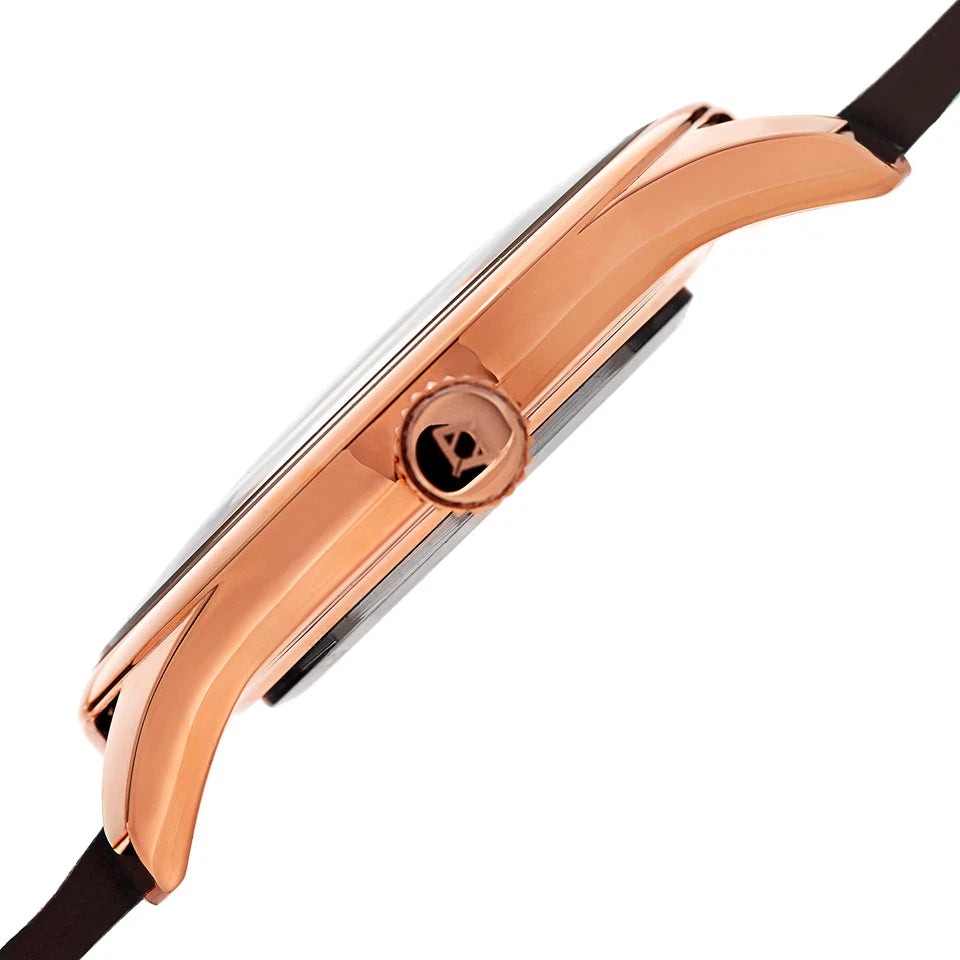 Akribos XXIV Rose Gold Tone Case on Brown Strap, Black Dial with Rose Gold Tone Hands