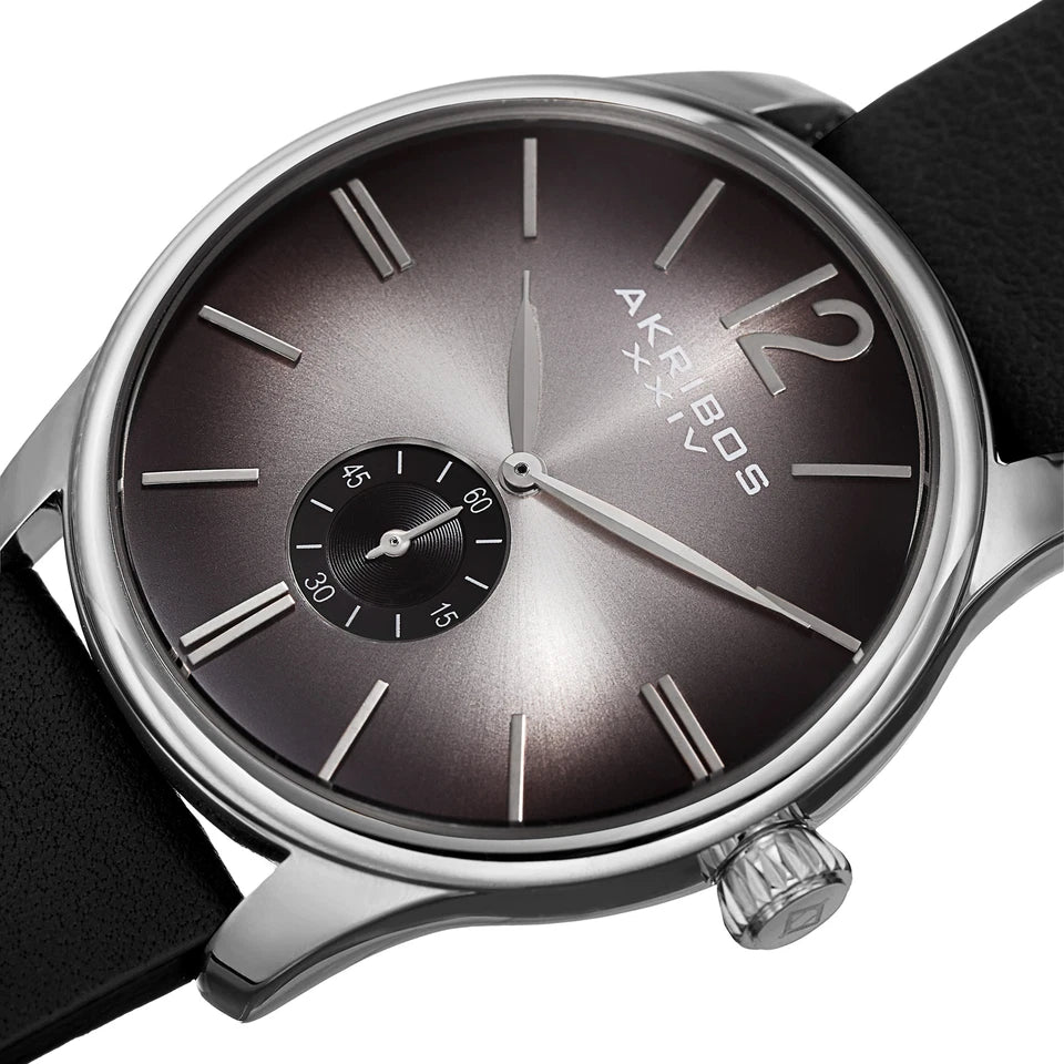 Akribos XXIV Silver Tone Case on Black Strap, Black Dial with Silver Tone Hands