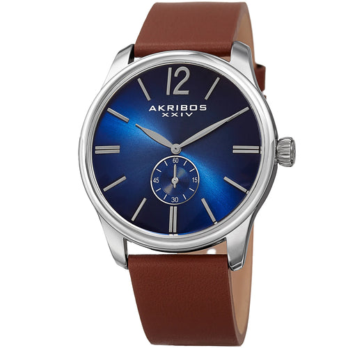 Akribos XXIV Silver Tone Case on Brown Strap, Blue Dial with Silver Tone Hands