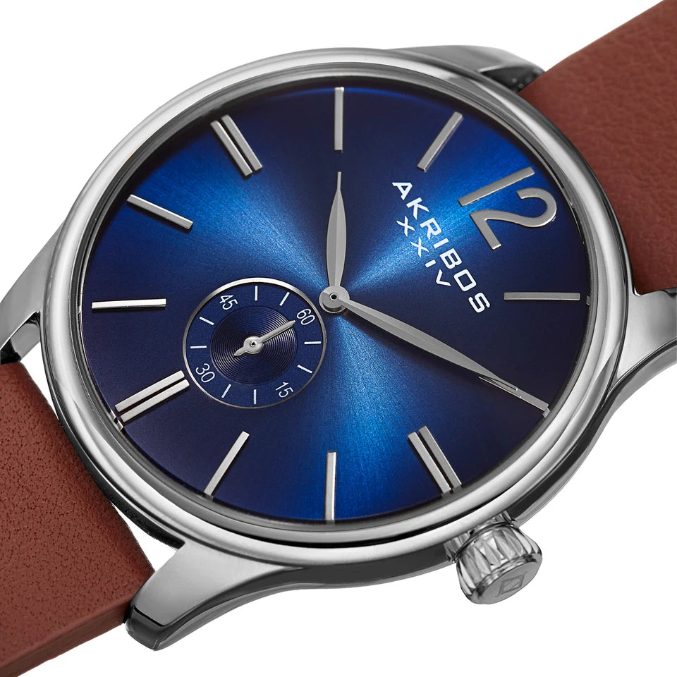 Akribos XXIV Silver Tone Case on Brown Strap, Blue Dial with Silver Tone Hands