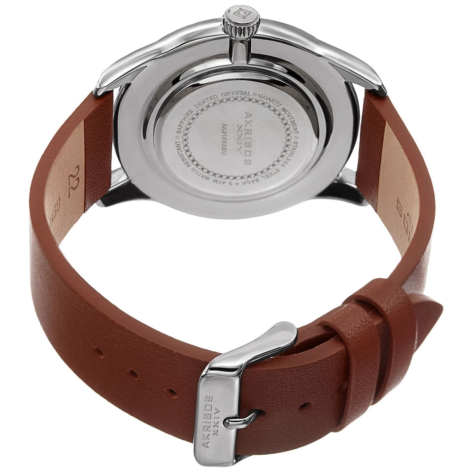 Akribos XXIV Silver Tone Case on Brown Strap, Blue Dial with Silver Tone Hands