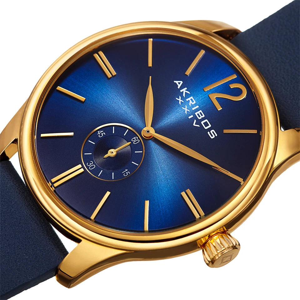 Akribos XXIV Gold Tone Case on Blue Strap, Blue Dial with Gold Tone Hands