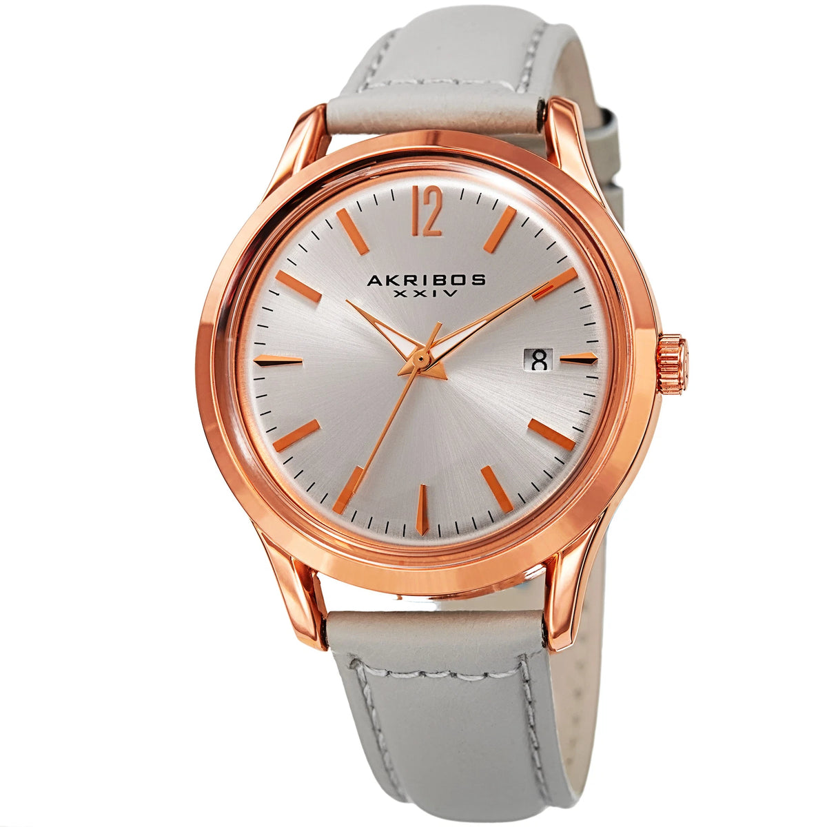 Akribos XXIV Rose Gold Tone Case on Light Gray Strap, Silver Dial with Rose Gold Tone Hands