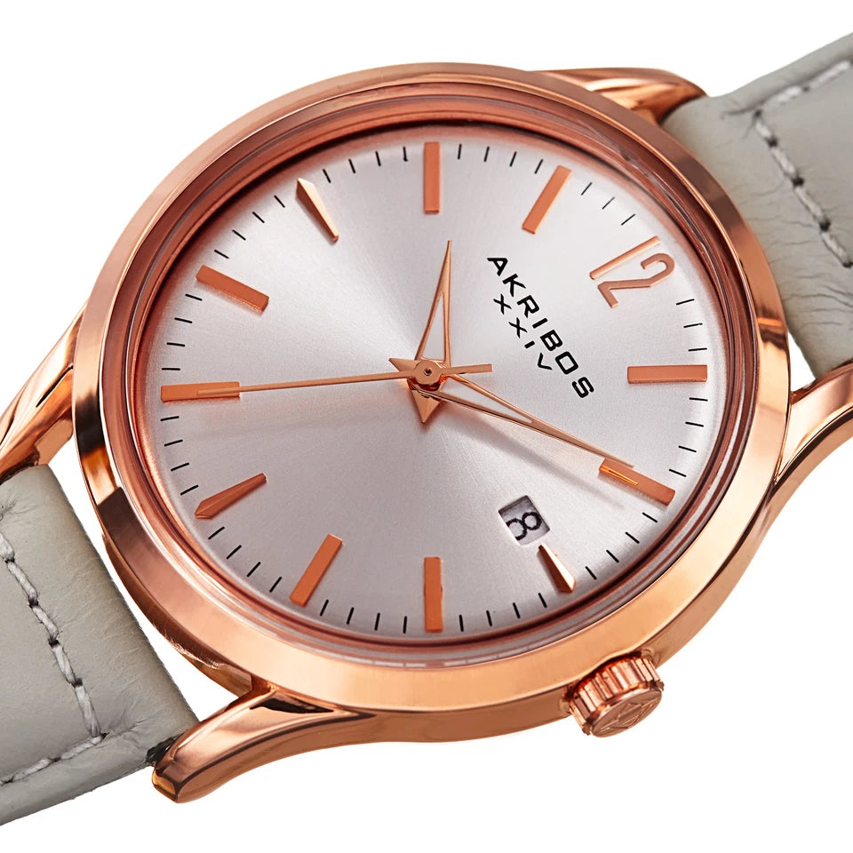 Akribos XXIV Rose Gold Tone Case on Light Gray Strap, Silver Dial with Rose Gold Tone Hands