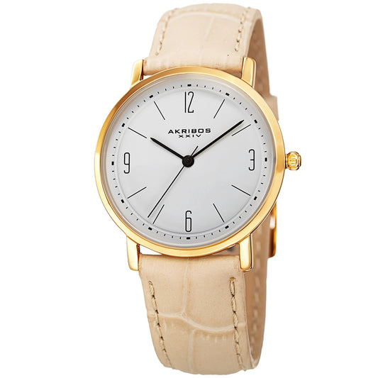 Akribos XXIV Gold Tone Case on Beige Strap, White Dial with Black Hands