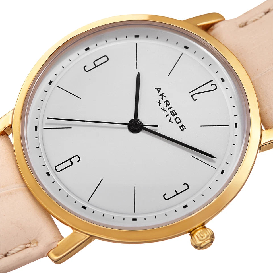 Akribos XXIV Gold Tone Case on Beige Strap, White Dial with Black Hands
