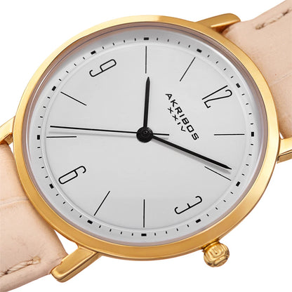 Akribos XXIV Gold Tone Case on Beige Strap, White Dial with Black Hands