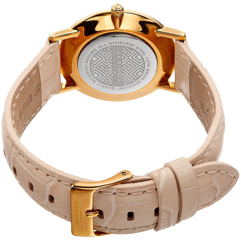 Akribos XXIV Gold Tone Case on Beige Strap, White Dial with Black Hands