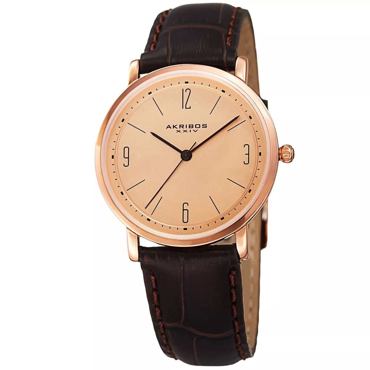 Akribos XXIV Rose Gold Tone Case on Dark Brown Strap, Rose Gold Dial with Black Hands