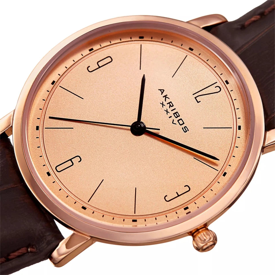 Akribos XXIV Rose Gold Tone Case on Dark Brown Strap, Rose Gold Dial with Black Hands
