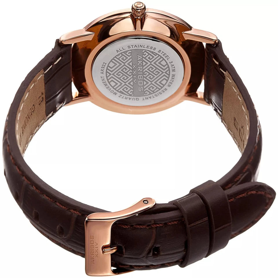 Akribos XXIV Rose Gold Tone Case on Dark Brown Strap, Rose Gold Dial with Black Hands