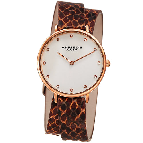 Akribos XXIV Rose Gold Tone Case on Brown Strap, Silver Dial with Rose Gold Tone Hands