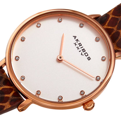 Akribos XXIV Rose Gold Tone Case on Brown Strap, Silver Dial with Rose Gold Tone Hands
