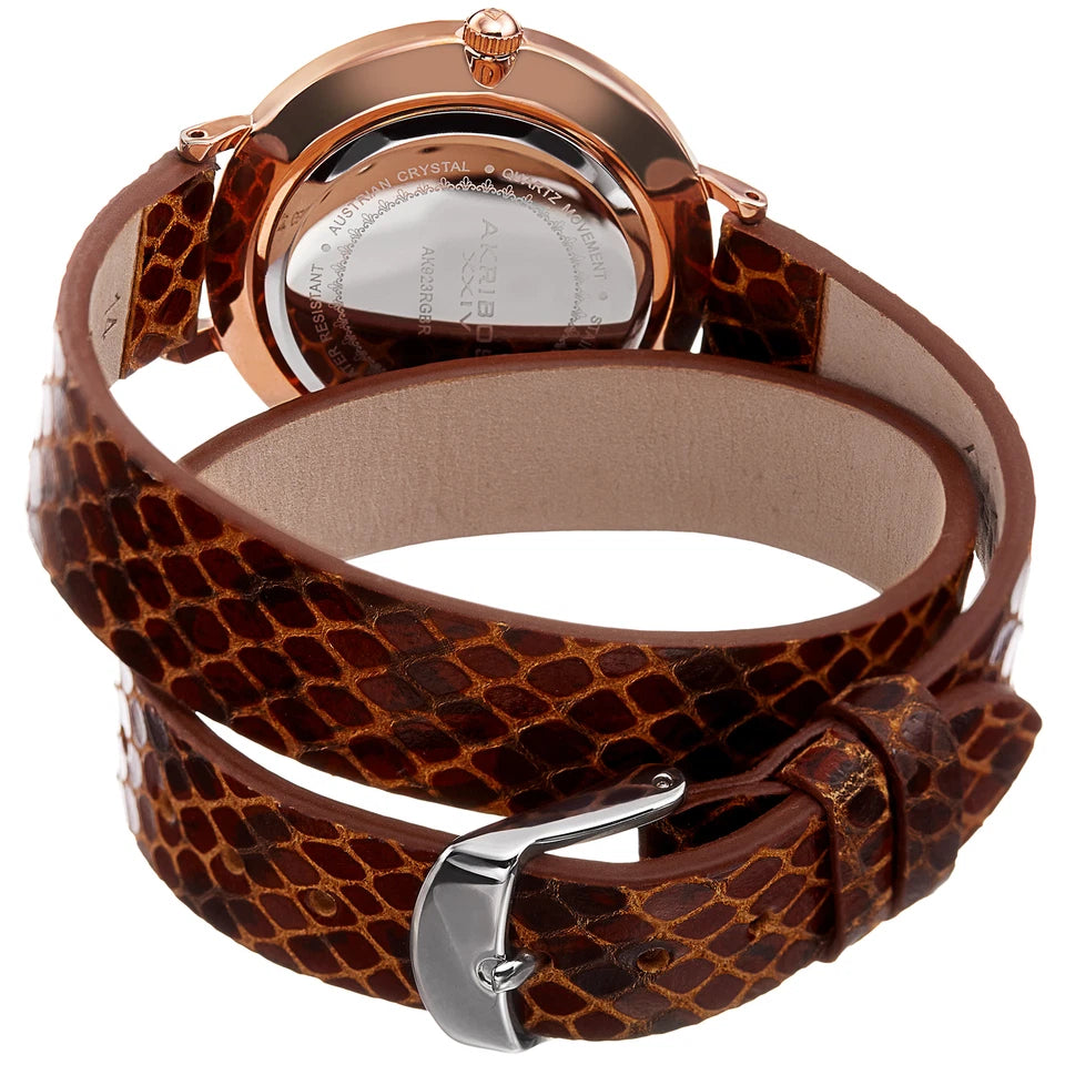 Akribos XXIV Rose Gold Tone Case on Brown Strap, Silver Dial with Rose Gold Tone Hands