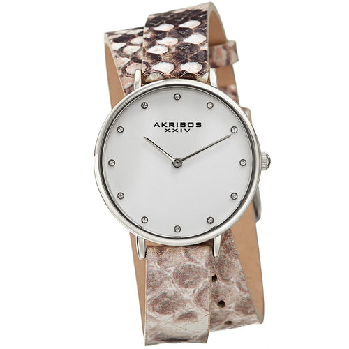 Akribos XXIV Silver Tone Case on Beige Snakeskin Strap, Silver Dial with Silver Tone Hands