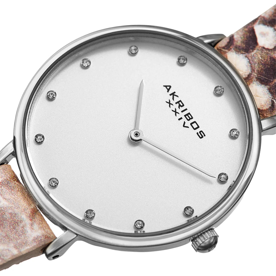 Akribos XXIV Silver Tone Case on Beige Snakeskin Strap, Silver Dial with Silver Tone Hands