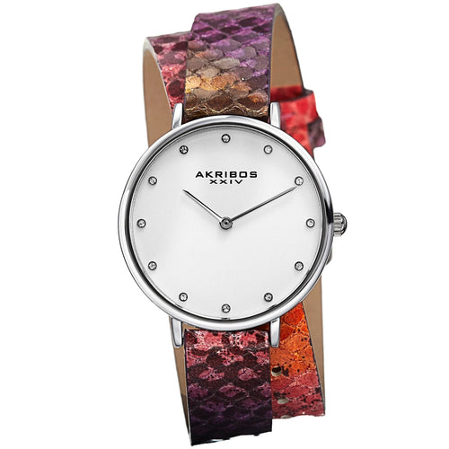 Akribos XXIV Silver Tone Case on Multi Colored Snakeskin Strap, Silver Dial with Silver Tone Hands