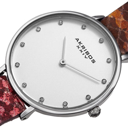 Akribos XXIV Silver Tone Case on Multi Colored Snakeskin Strap, Silver Dial with Silver Tone Hands
