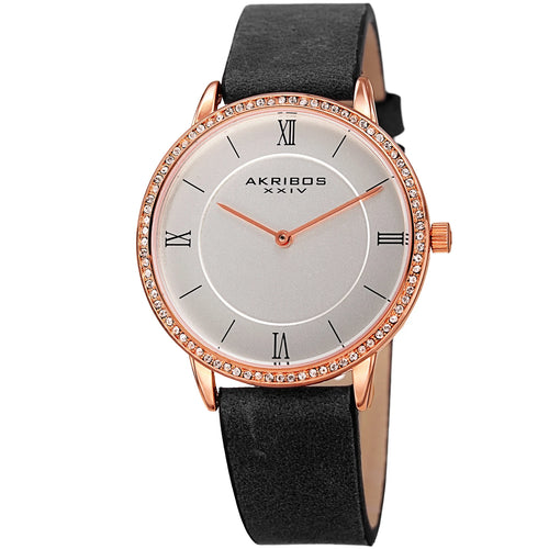 Akribos XXIV Rose Gold Tone Case on Black Strap, Silver Dial with Rose Gold Tone Hands