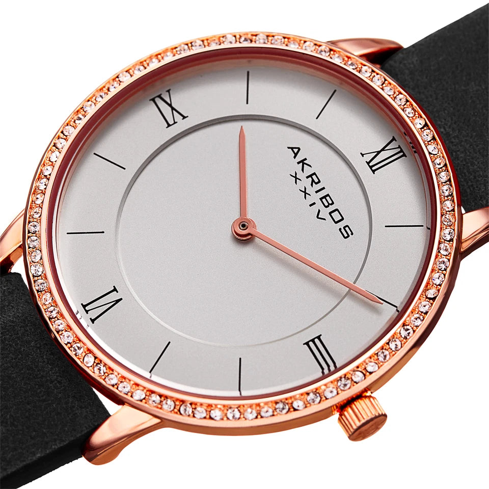 Akribos XXIV Rose Gold Tone Case on Black Strap, Silver Dial with Rose Gold Tone Hands