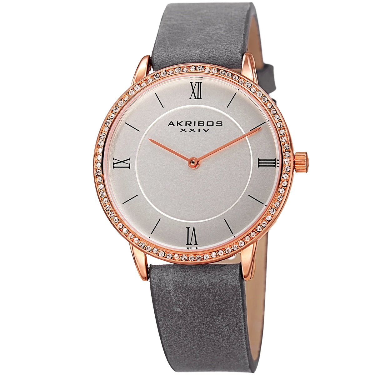 Akribos XXIV Rose Gold Tone Case on Gray Strap, Silver Dial with Rose Gold Tone Hands