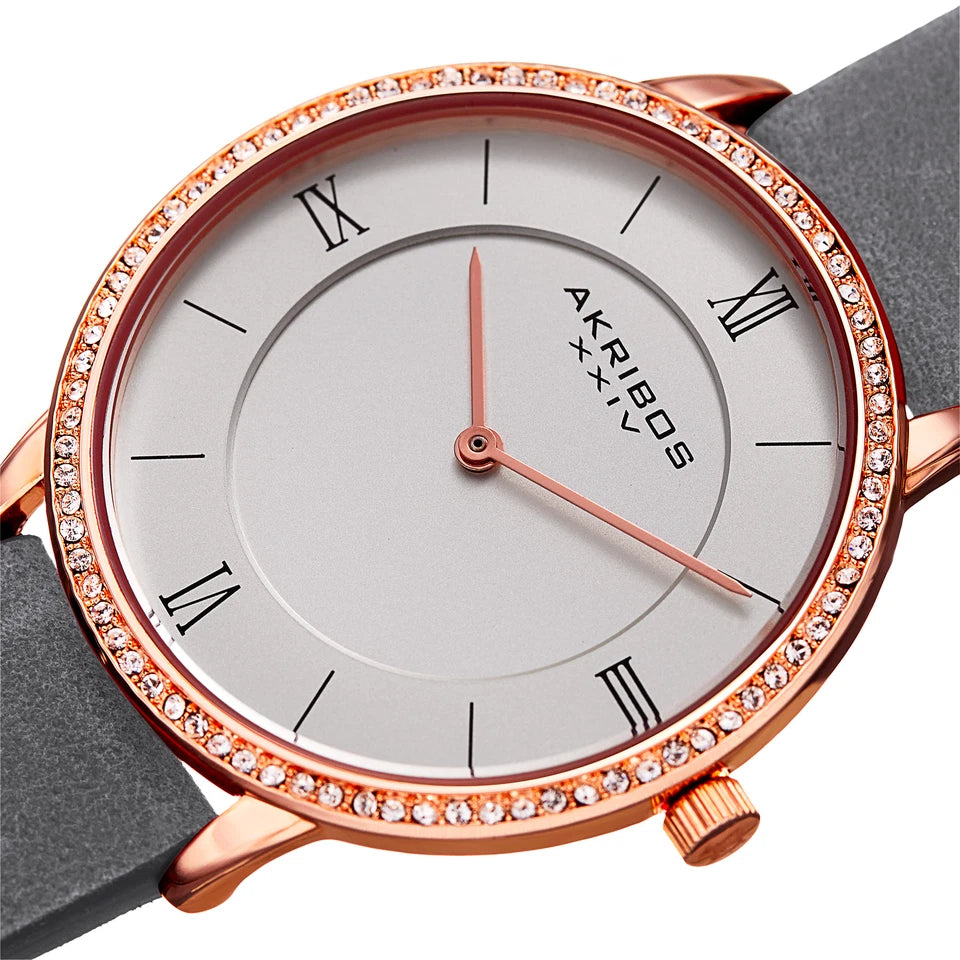 Akribos XXIV Rose Gold Tone Case on Gray Strap, Silver Dial with Rose Gold Tone Hands