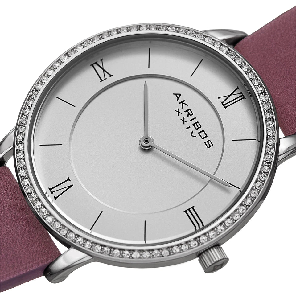 Akribos XXIV Silver Tone Case on Purple Strap, Silver Dial with Silver Tone Hands