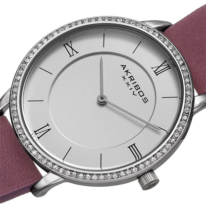 Akribos XXIV Silver Tone Case on Purple Strap, Silver Dial with Silver Tone Hands