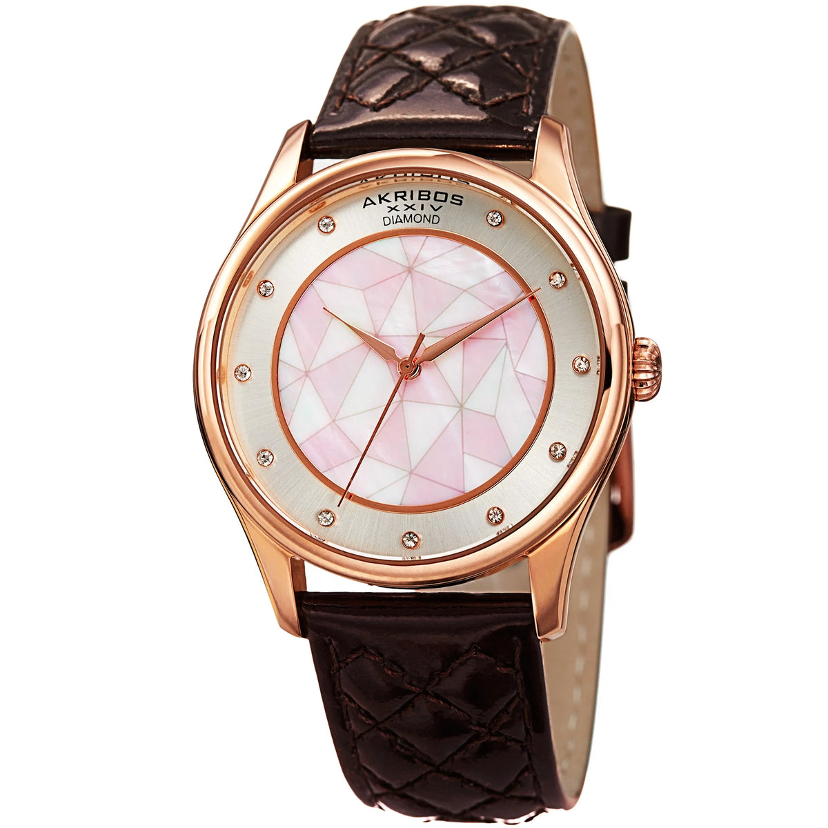 Akribos XXIV Rose Gold Tone Case on Dark Brown Strap, White Mother of Pearl and Silver Dial with Rose Gold Tone Hands