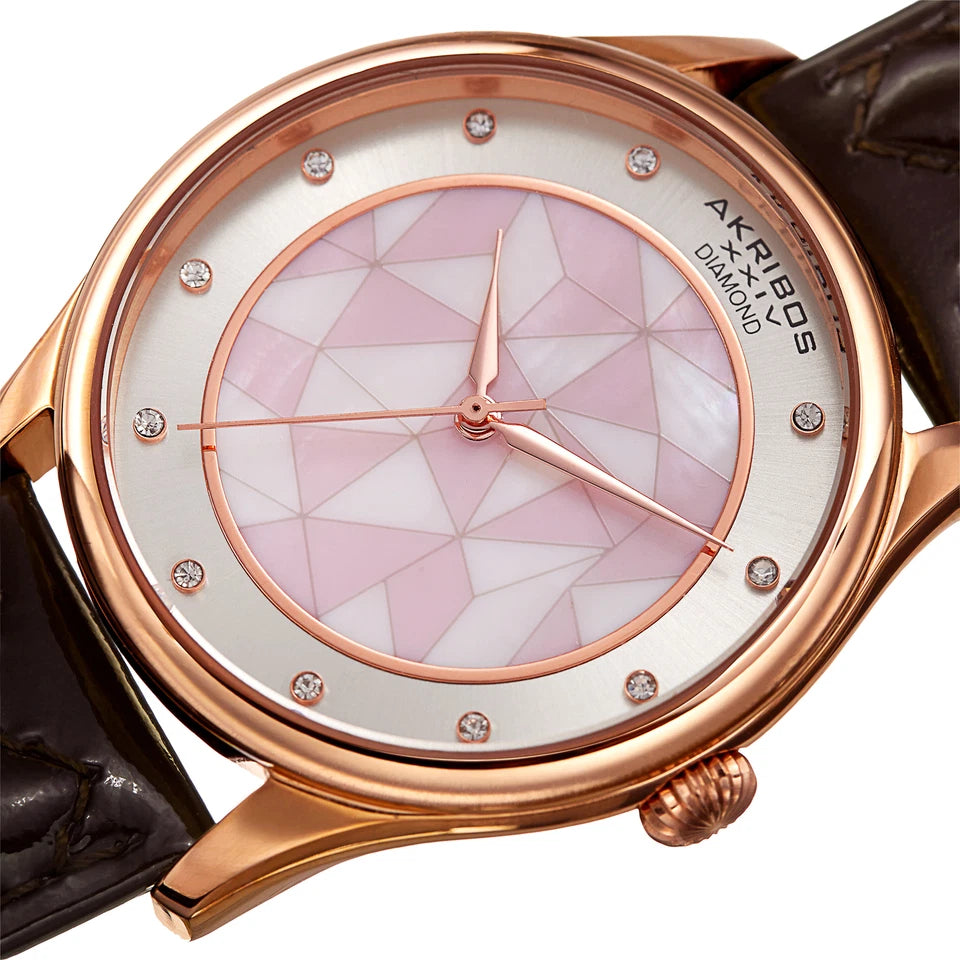 Akribos XXIV Rose Gold Tone Case on Dark Brown Strap, White Mother of Pearl and Silver Dial with Rose Gold Tone Hands