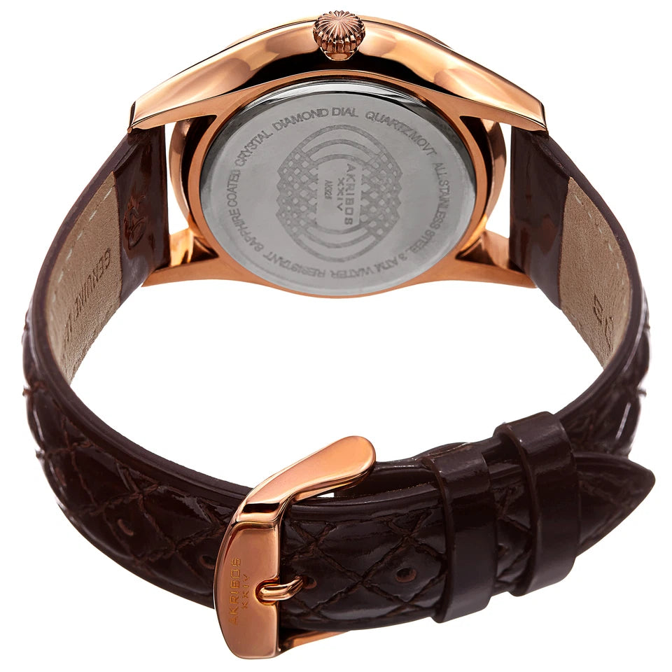 Akribos XXIV Rose Gold Tone Case on Dark Brown Strap, White Mother of Pearl and Silver Dial with Rose Gold Tone Hands