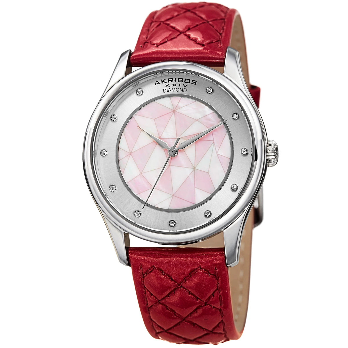 Akribos XXIV Silver Tone Case on Fuchsia Strap, White Mother-of-Pearl and Silver Dial with Silver Tone Hands