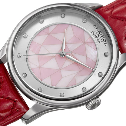 Akribos XXIV Silver Tone Case on Fuchsia Strap, White Mother-of-Pearl and Silver Dial with Silver Tone Hands