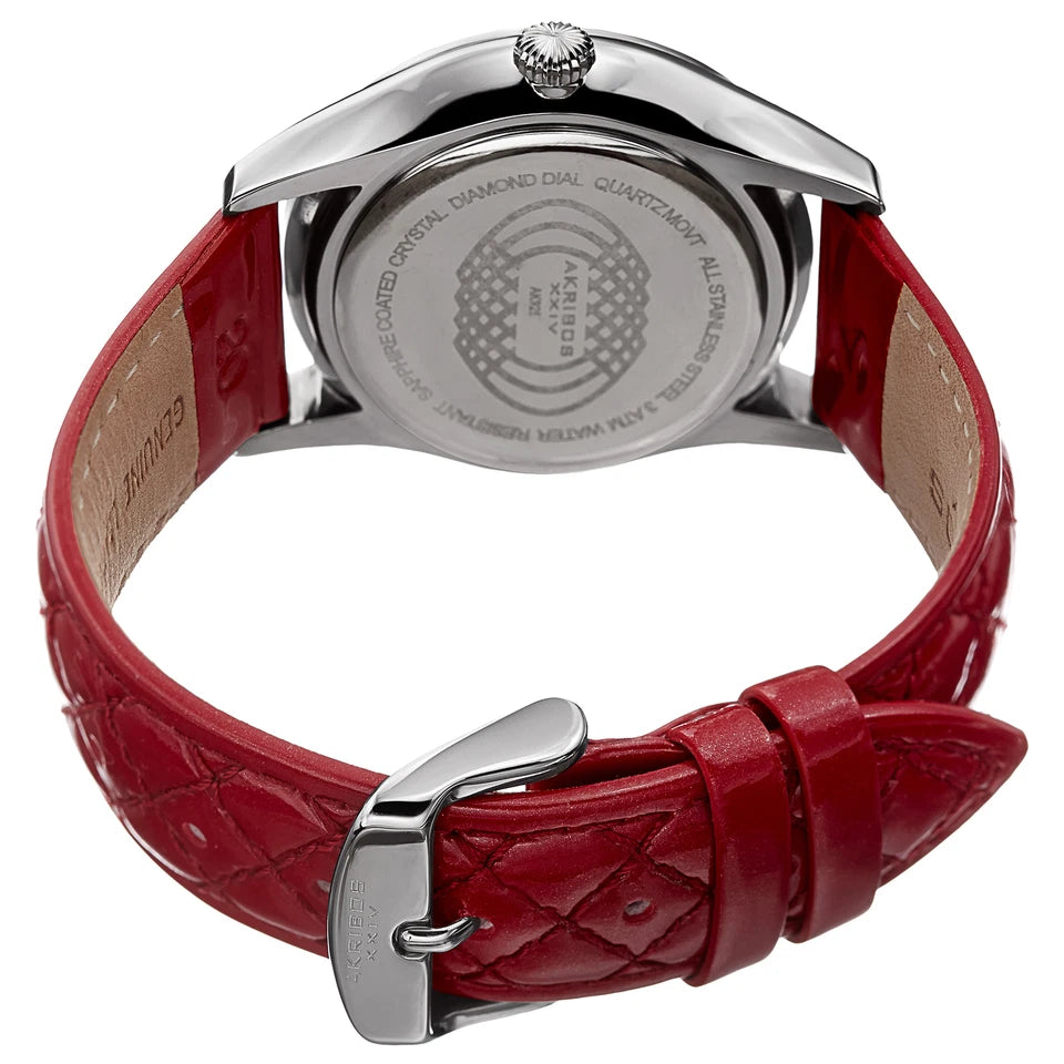 Akribos XXIV Silver Tone Case on Fuchsia Strap, White Mother-of-Pearl and Silver Dial with Silver Tone Hands