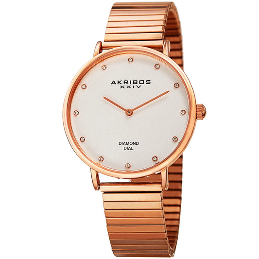 Akribos XXIV Rose Gold Tone Case on Rose Gold Bracelet, Silver Dial with Rose Gold Tone Hands