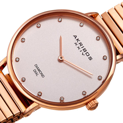 Akribos XXIV Rose Gold Tone Case on Rose Gold Bracelet, Silver Dial with Rose Gold Tone Hands
