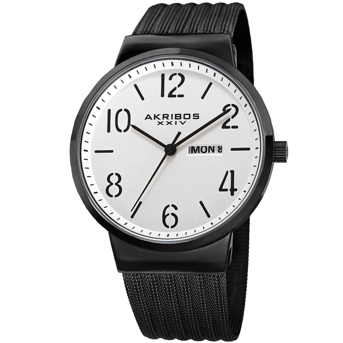 Akribos XXIV Black Ion Plated Alloy Case on Black Mesh Bracelet, Silver Dial with Black Hands