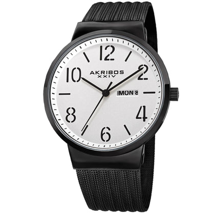 Akribos XXIV Black Ion Plated Alloy Case on Black Mesh Bracelet, Silver Dial with Black Hands