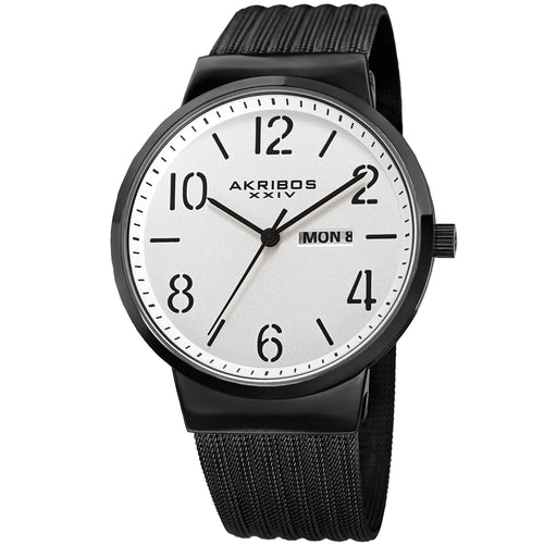 Akribos XXIV Black Ion Plated Alloy Case on Black Mesh Bracelet, Silver Dial with Black Hands