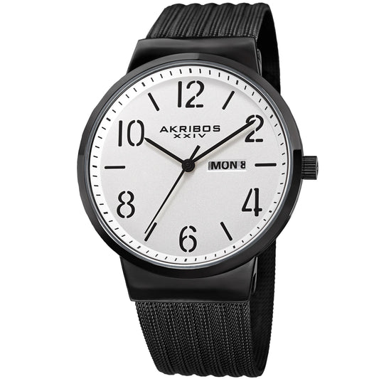 Akribos XXIV Black Ion Plated Alloy Case on Black Mesh Bracelet, Silver Dial with Black Hands